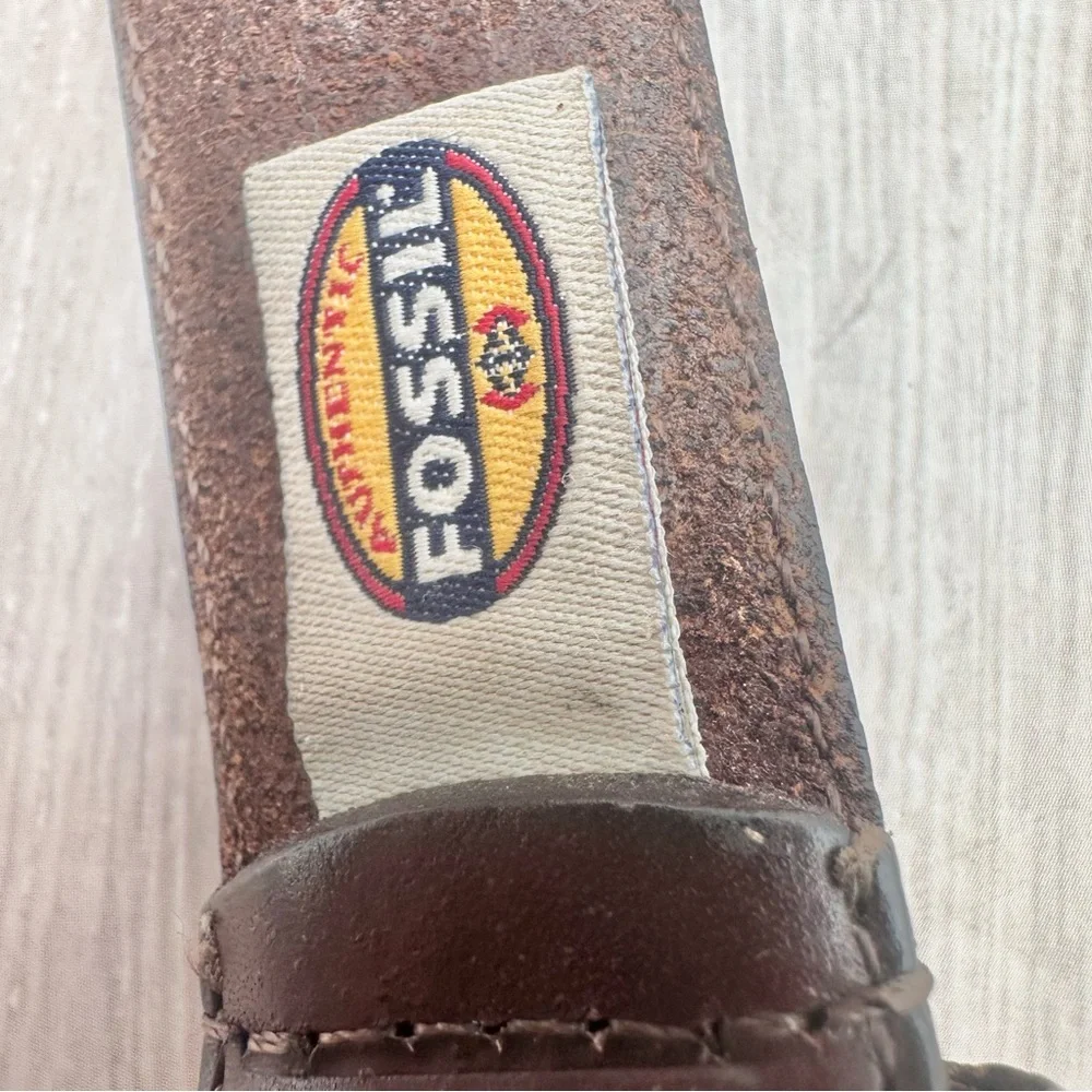 Fossil Men’s Genuine Brown Leather Belt Braided Woven Solid Brass Buckle | Sz 42